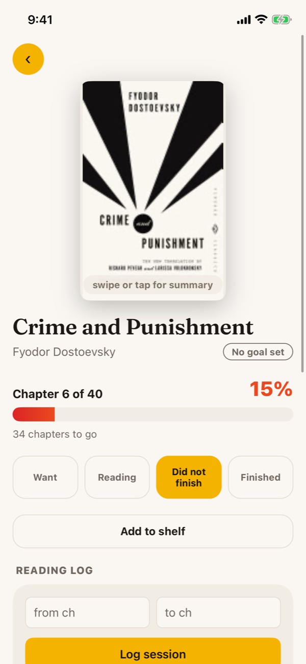 Turnpage book page for Crime and Punishment: chapter 6 of 40, a red-to-green progress bar, and a cover you can tap for a summary.