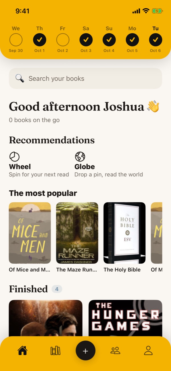 Turnpage home screen: the yellow seven-day streak strip, a greeting, recommendation buttons and a row of popular books.