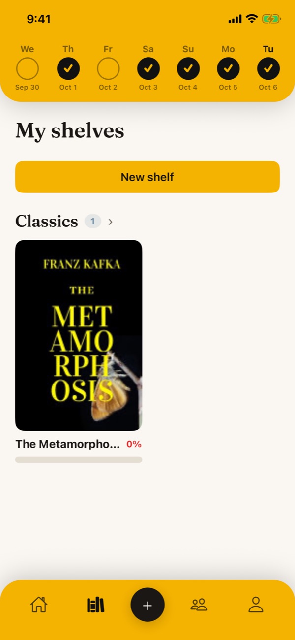 Turnpage shelves: a Classics shelf holding The Metamorphosis.